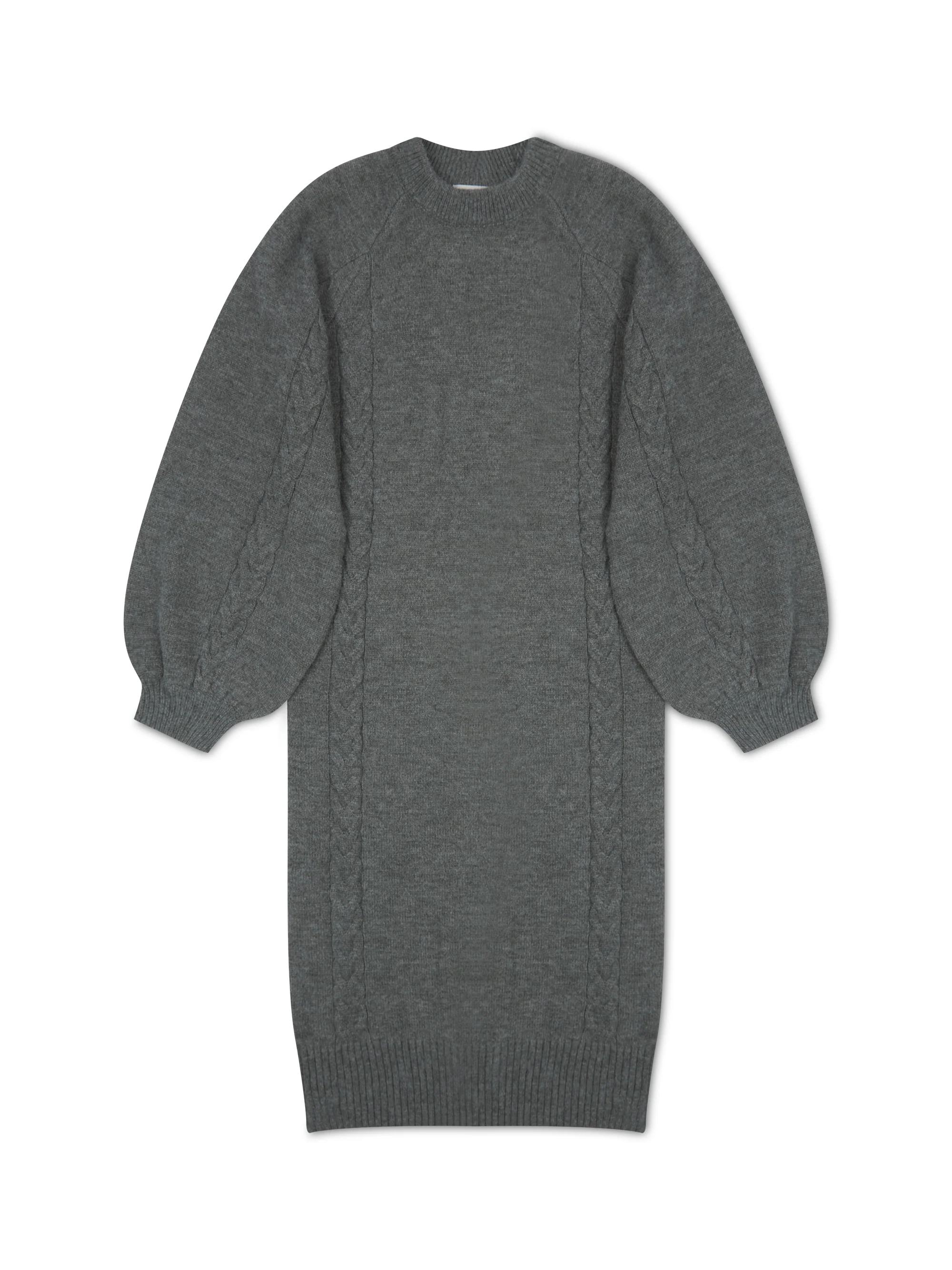 ‘MARGAUX’ KNITTED CABLE DETAIL BALLOON SLEEVE MIDI DRESS GREY - Image 3