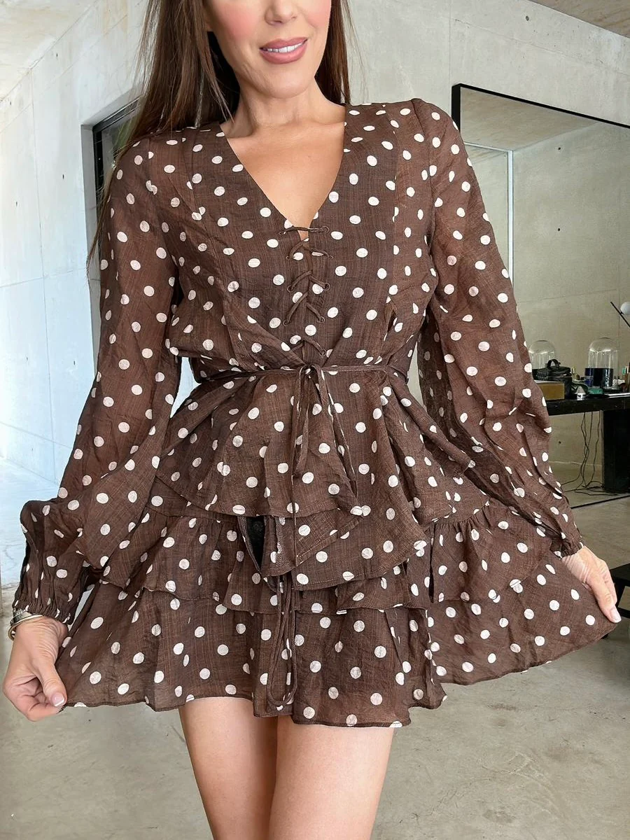 'VIVIAN' POLKA DOT TIERED RUFFLE SKORT BROWN - Image 3