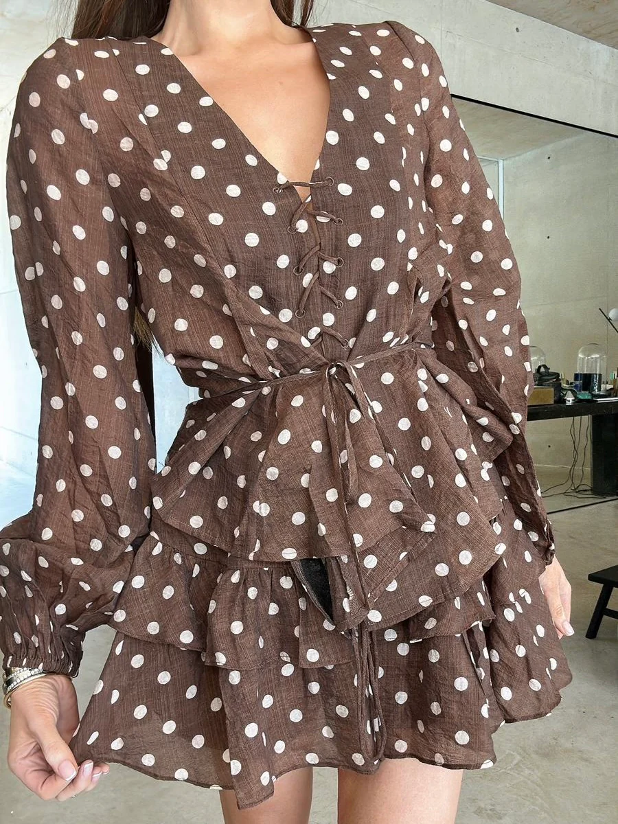 'VIVIAN' POLKA DOT TIERED RUFFLE SKORT BROWN - Image 5