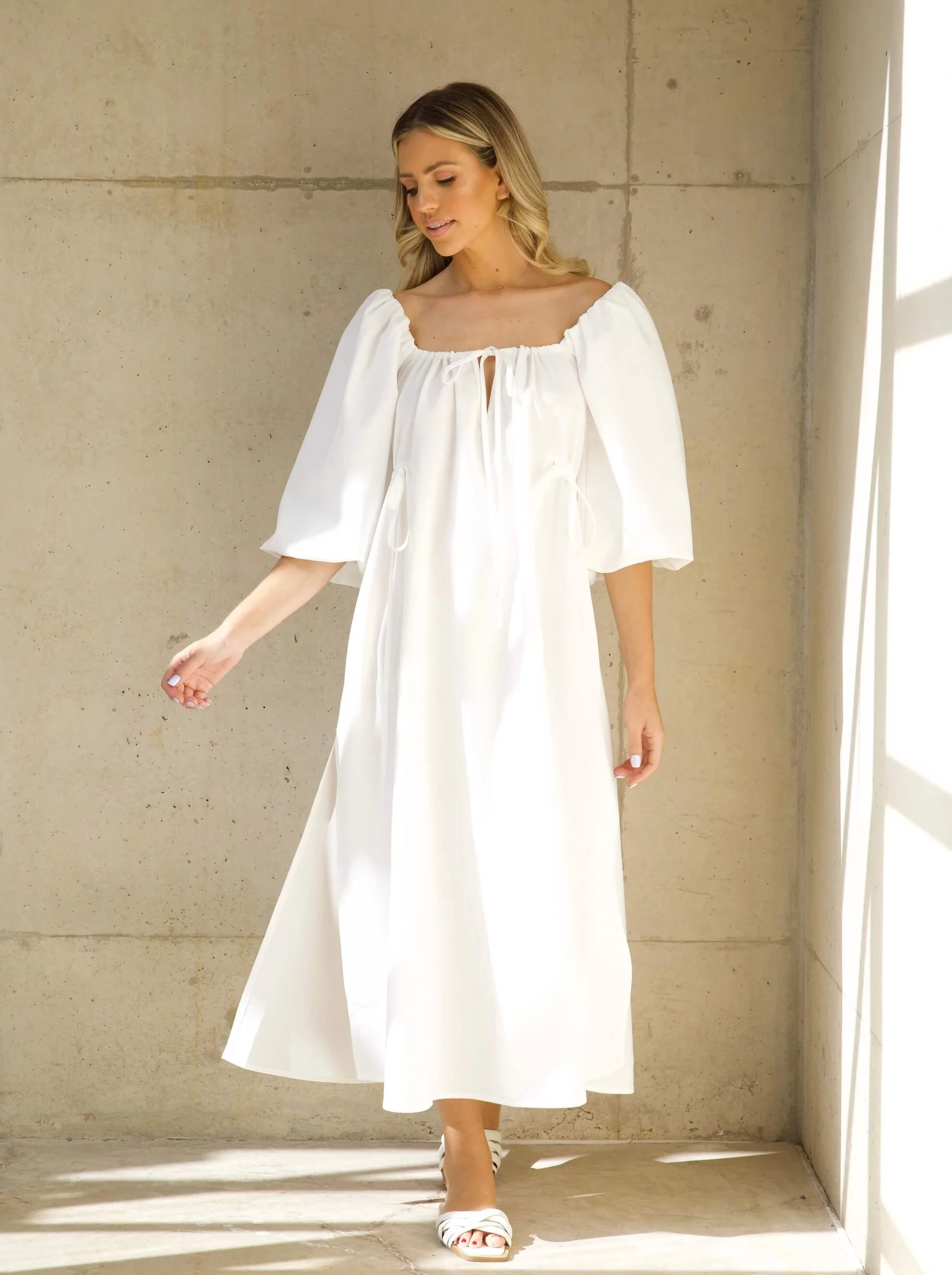 'HERA' SQUARE NECK BALLOON SLEEVE MIDAXI DRESS WHITE - Image 6